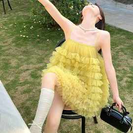 大码女装胖妹妹网纱蛋糕裙百搭显瘦度假吊带蓬蓬连衣裙短裙