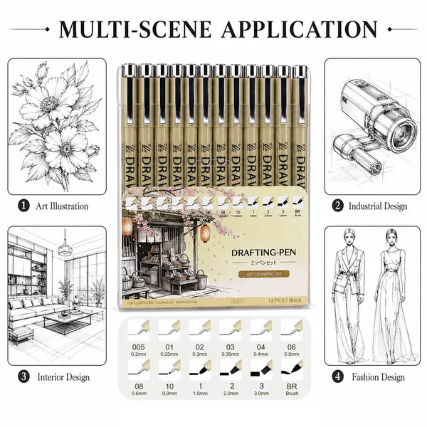 Art sketching pen, 12 specifications, drawing marker pen, sketch pen, waterproof quick-dry pen, in stock