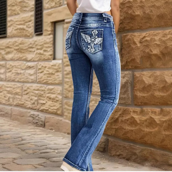 Cross-Border Temu Amazon Independent Site New Fashion Versatile Stretch Slimming Embroidered Flared Jeans for Women