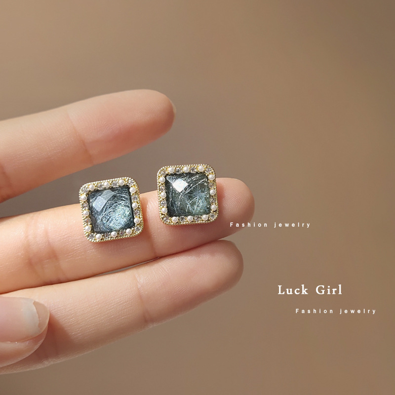 Retro blue square shiny small earrings with zircon pearl