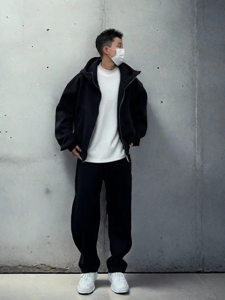 Suéter con capucha de la calle principal para hombre, versión de otoño e invierno, chaqueta corta con cremallera de color sólido de base suelta, estilo de hombre americano pesado