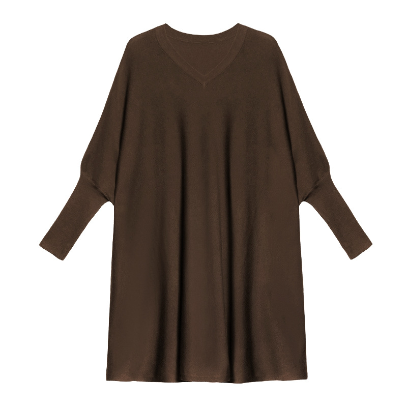 Europeo con cuello en V suéter de punto vestido para las mujeres primavera y otoño nueva suelta adelgazamiento Batwing manga color sólido bottoming superior venta al por mayor