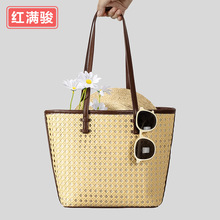 大容量海边度假镂空沙滩包手工编织藤条水桶单肩包田园风手提包女