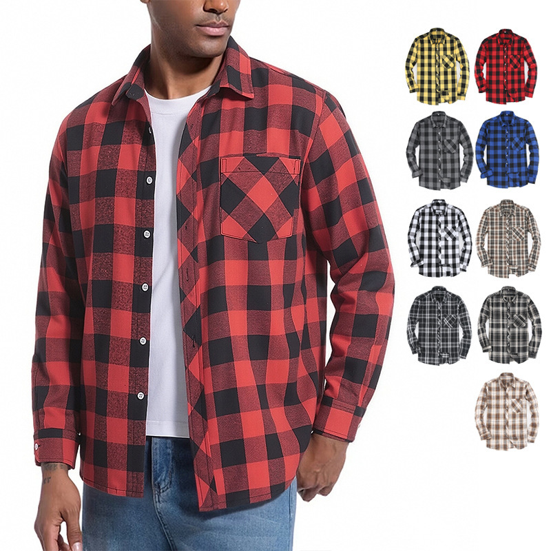 Cross-border popular men's plaid shirt, brushed flannel plaid shirt, men's long-sleeve casual plus-size shirt
