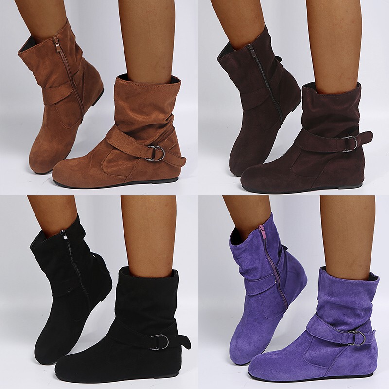 2024 New Martin boots fashion plus size suede flat belt buckle women's short boots sleeve round toe women's boots wholesale