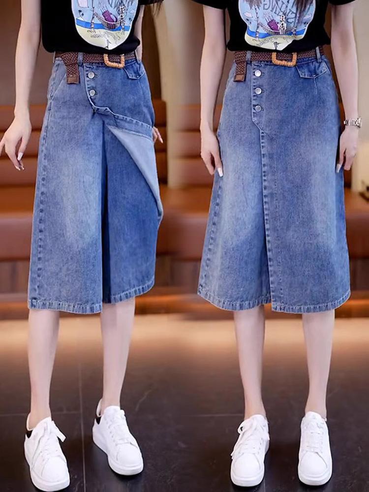 Denim skirt pants for women 2024 summer thin six-cropped pants high waist loose wide-leg pants