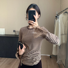 Hers一勺甜秋季时髦简约风气质通勤拼接喇叭袖条纹圆领T恤女92344