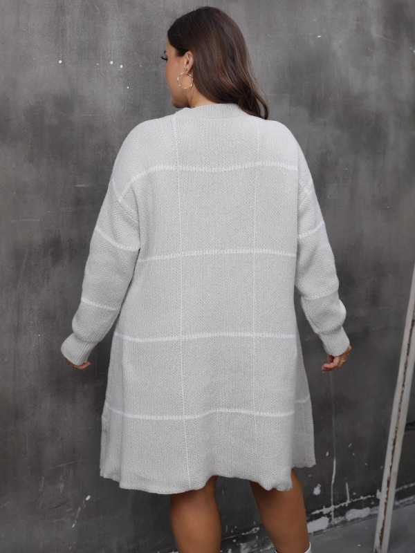 秋冬机织裙毛衣裙跨境欧美大码女装条纹撞色蝴蝶结拼手钩花连衣裙|undefined