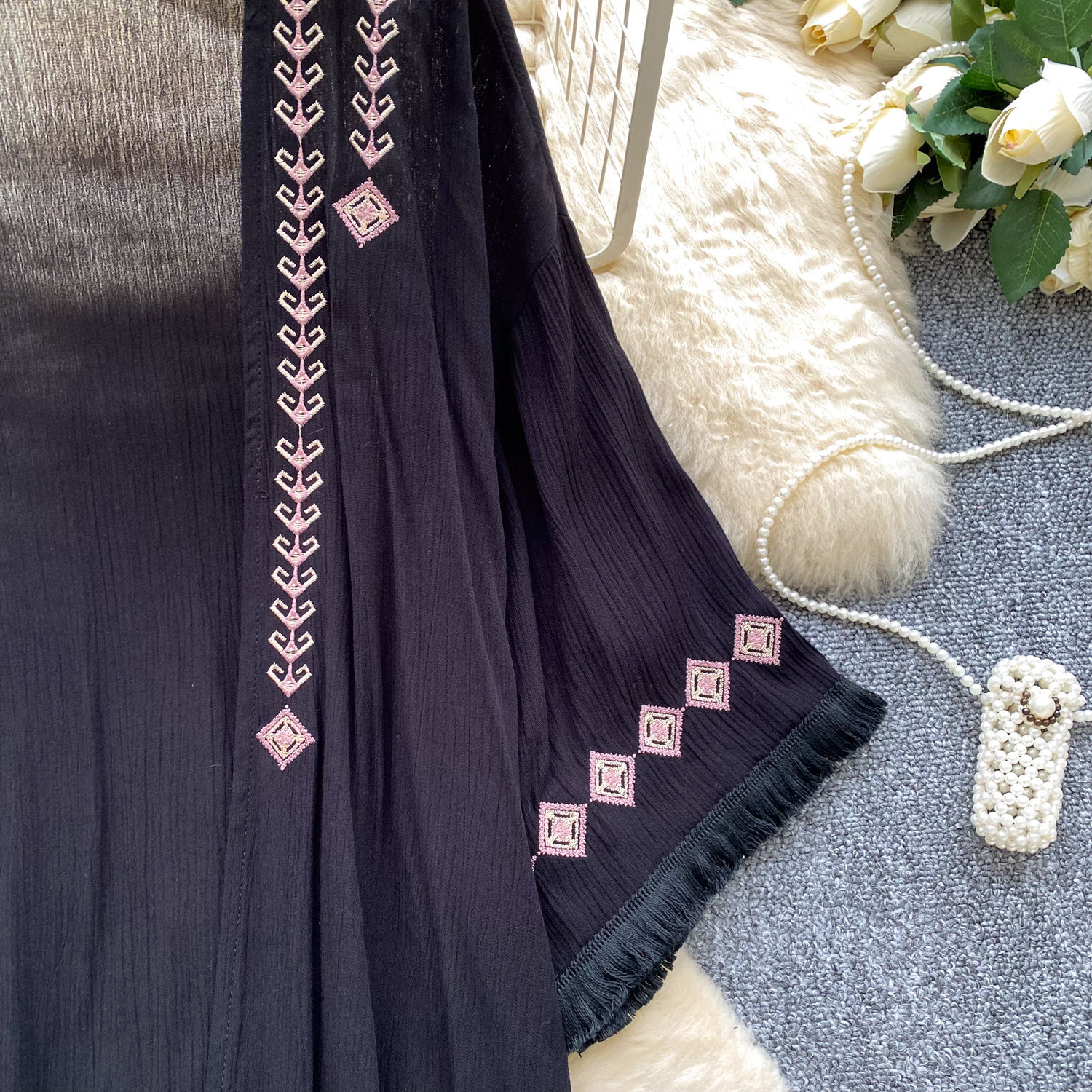 Women's White Retro Embroidery Tassel Cardigan Loose Fitting Summer Vacation Elegant Shirt Top_ecoleips.com