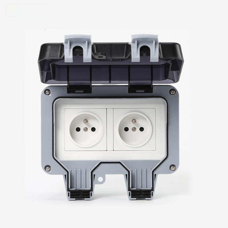 IP66 Outdoor Waterproof Plug Manufacturer Supply Outdoor Bathroom Wall Waterproof Plug European Standard French Double Switch
