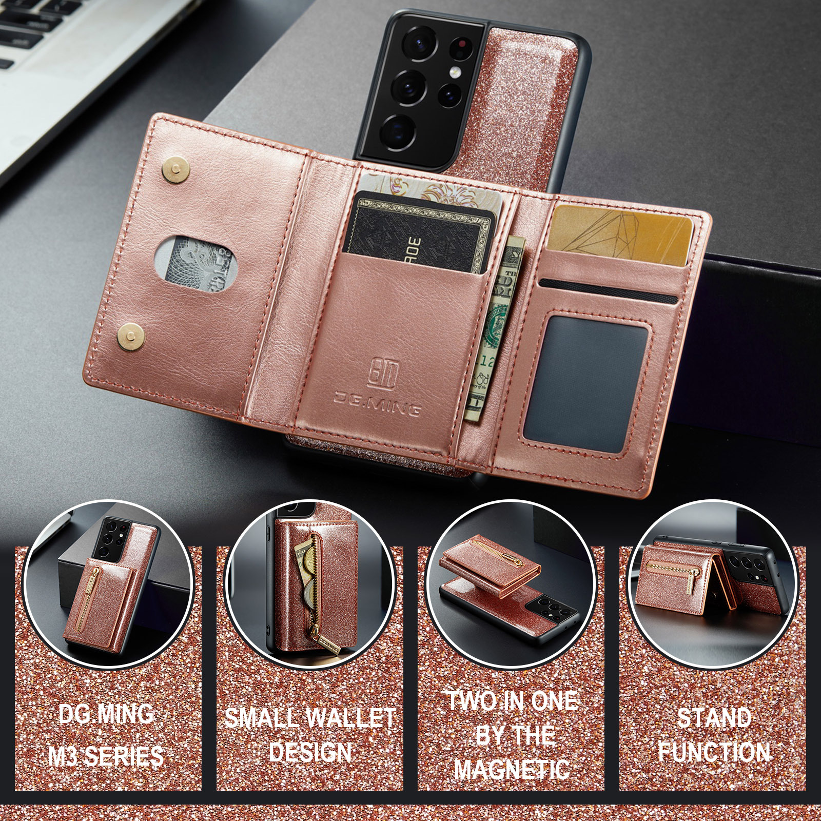 M3 per Samsung S21 Ultra 2 in 1 custodia in pelle glitterata con ventosa magnetica custodia per telefono diviso custodia protettiva portafoglio S21_voghion.com