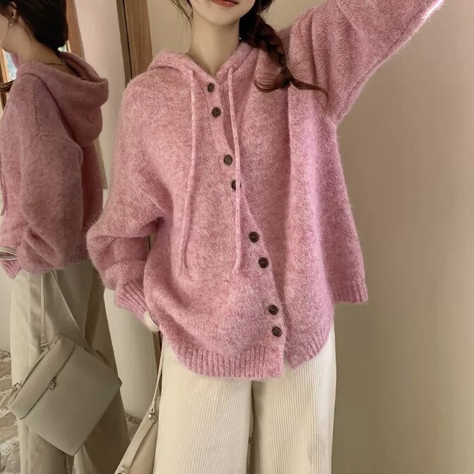 秋冬の女性用フード付きセーターカーディガン、厚みのある韓国風ルーズレイジースタイルニットセータージャケット、柔らかくワックスのようなトップ|undefined