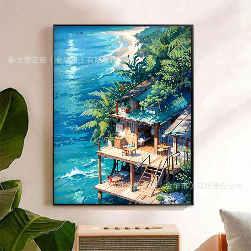 Pintura al óleo digital DIY al por mayor, paisaje costero, arquitectura, pintura decorativa para colgar en la sala de estar, pintura decorativa de villa costera, 30*40*5 image 13