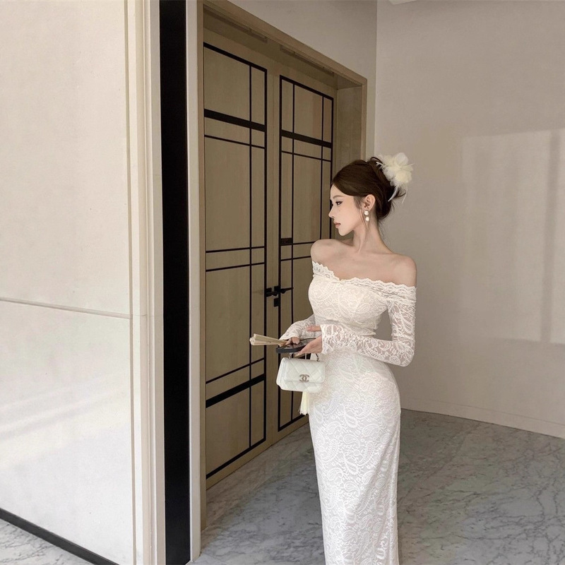 One-Shoulder Off-White Long-Sleeved Lace Dress for Women, Autumn and Winter Slim-Fitting Waist-Cinching Fishtail Skirt, Pure Desire Hip-Hugging Long Skirt One-Shoulder Off-White Long-Sleeved Lace Dress for Women, Autumn and Winter Slim-Fitting Waist-Cinching Fishtail Skirt, Pure Desire Hip-Hugging Long Skirt