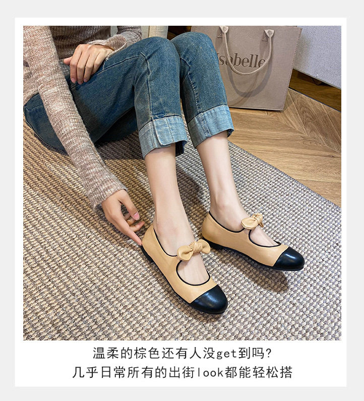 Giày búp bê nữ mũi tròn thắt nơ, đế bằng gót thấp — Màu trắng sữa, mơ đen, đen chi tiết 15