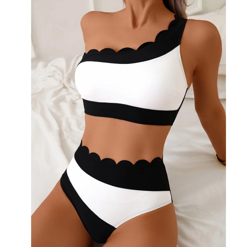 2025 European and American New Inclined Shoulder Split Swimsuit Cross-border Amazon Color-matching Vests Sports Beach Swimsuit for Women