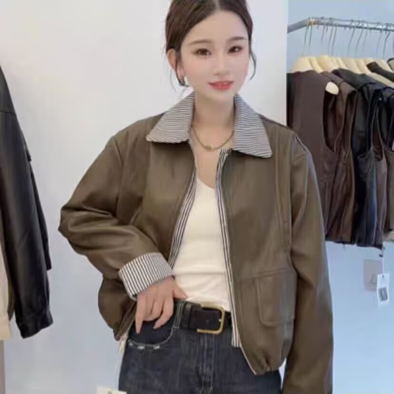 条纹拼接假两件皮衣外套女2025秋季新款休闲翻领pu皮夹克小个子潮|undefined