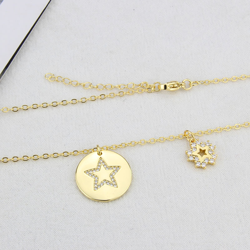 Korean Glossy Round Brand Inlaid Zirconium Combination Copper Gold-plated Five-pointed Star Necklace display picture 4