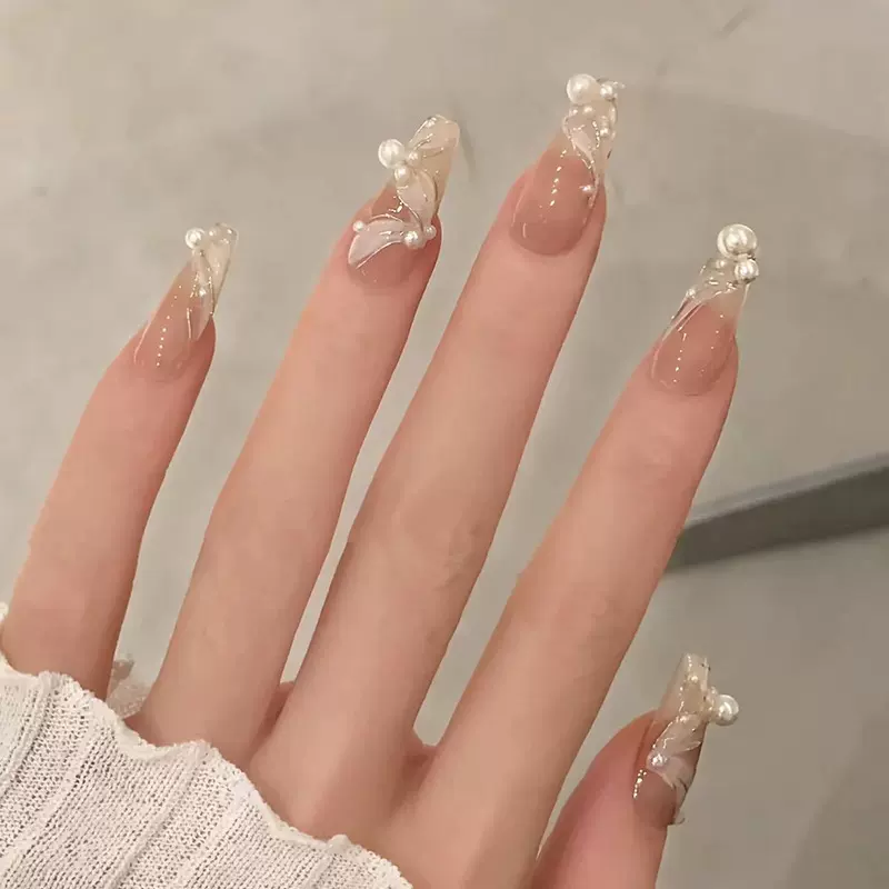 丝绸蝴蝶结穿戴甲甲片 温柔珍珠镶钻美甲甲片 穿带甲片高级指甲贴