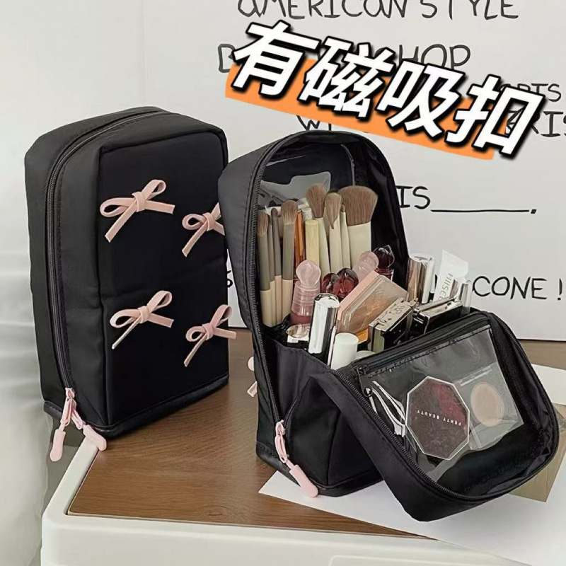 Korean-Style Cute Makeup Bag for Women, Vertical Makeup Brush Storage Bag, Large Capacity Portable Partitioned Storage Tube