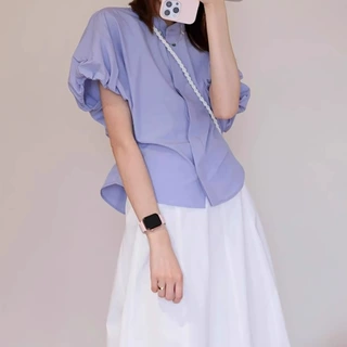 现货厂家批发 新款纯色 通勤纯色高ji感小飞袖衬衣上衣背心A字女