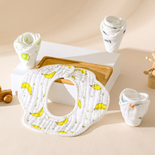 4层薄款围嘴纱布儿童围兜新生儿纯棉360花瓣宝宝口水巾印花纯棉