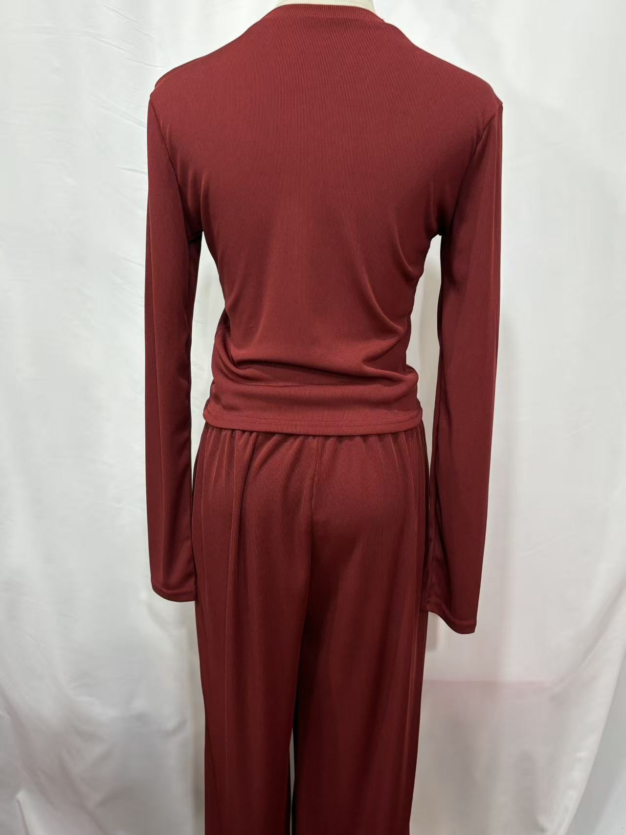 European American Cross-border Solid Color Ribbed Two-piece Set: Slim-fit Short Long-sleeve Top And Drawstring_ecoleips.com