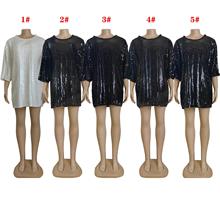 欧美跨境亮片连衣裙 春季时尚修身圆领中袖宽松亮片款  W0058