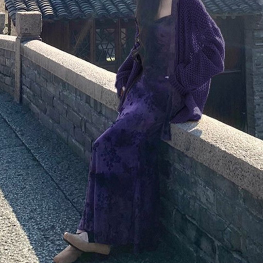 Relaxed and Versatile Hollow-Out Knit Cardigan, Spring Velvet Floral Slip Dress, Elegant Long Dress Two-Piece Set