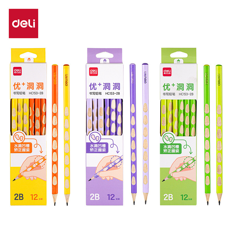 Deli Pencil Premium+ Hole Design Writing Pencil Hb/2B Posture Correction Pencil for Students, Colorful Triangular Pencil Deli Pencil Premium+ Hole Design Writing Pencil Hb/2B Posture Correction Pencil for Students, Colorful Triangular Pencil