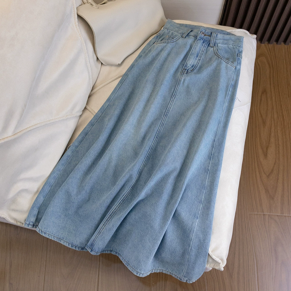 Джинсовая юбка с высокой талией для женщин, летняя новая свободная плиссированная юбка в стиле ретро, ​​длинная юбка средней длины