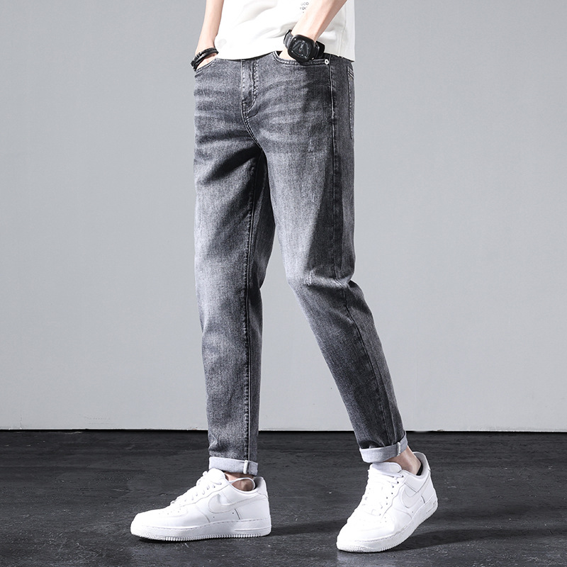 男装春夏新品牛仔裤男修身休闲男士小脚黑灰男裤青年品质弹力裤子|ms
