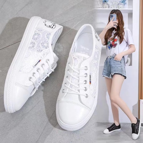  Summer New Lace Breathable White Women's Korean Style Student Shoes Net Canvas Flat Shoes Dropshipping