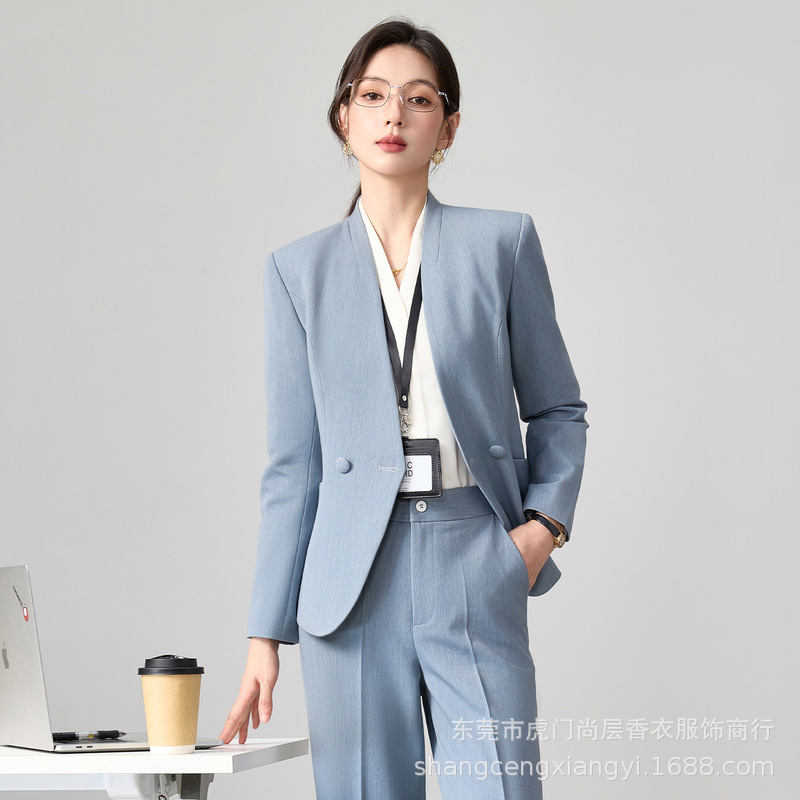 Blue-gray collarless suit set for women, high-end, slim-fit, professional attire, elegant, suitable for commuting, formal wear, interviews, and work