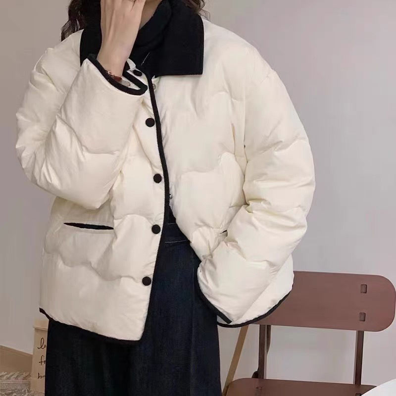 女性用の軽くて薄い綿のコート、ショートスタイル、スプライシング、2025年の新しい冬の綿のコート、小さな綿のジャケット、暖かいジャケット|undefined