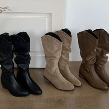 复古风ins 过膝长靴女2025秋冬新款粗跟尖头高筒堆堆靴潮流牛仔靴