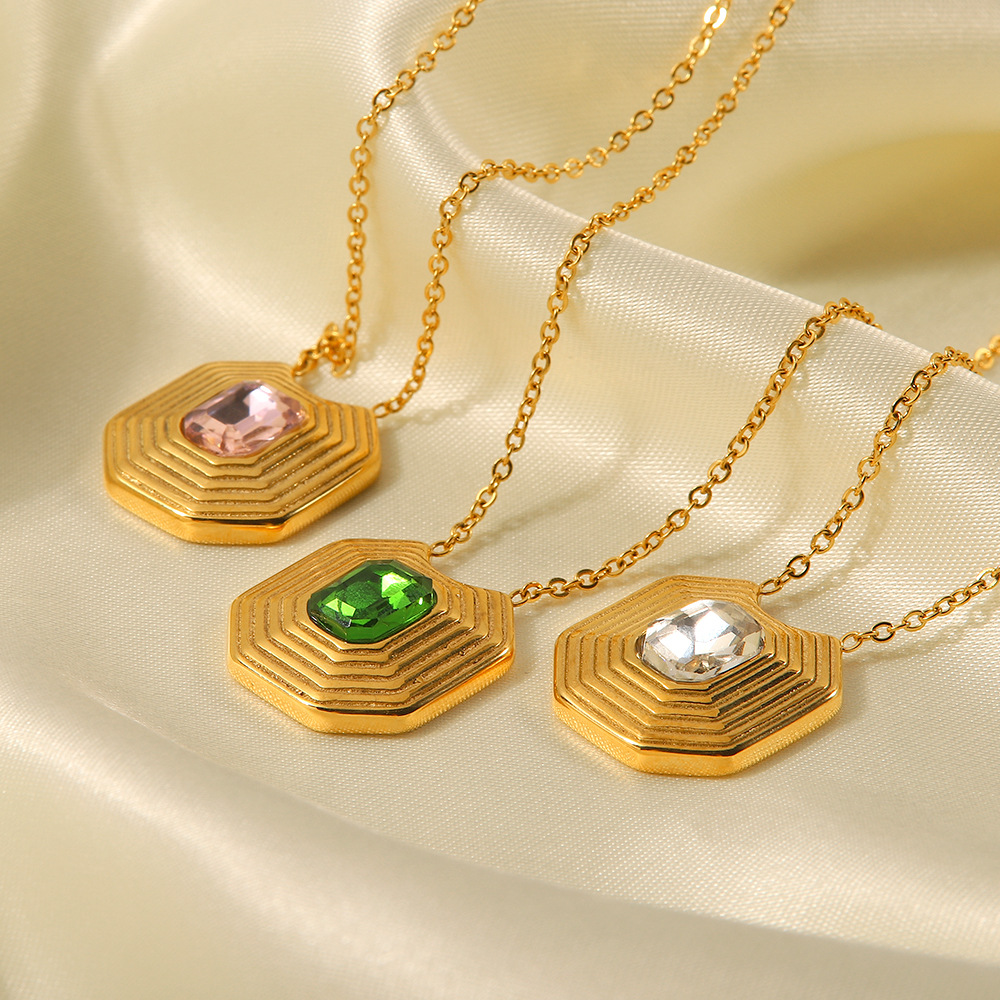 Vintage Style Geometric Stainless Steel Gold Plated Rhinestones Pendant Necklace