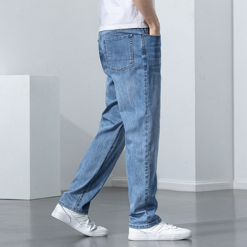 Elastic High-end Men's Jeans New Loose Straight Leg Pants for Spring and Autumn with Fleece Lining and Thick Long Pants