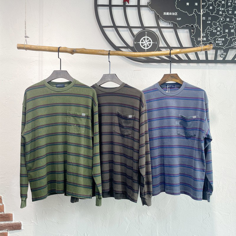 nautica Autumn New Heavy Striped Men's Crewneck Long Sleeve T-Shirt Batik Loose cityboy Pocket Top