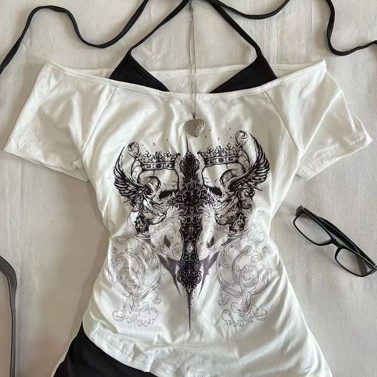 American Retro French-Style White Off-Shoulder T-Shirt, Slimming and Versatile, New Summer Style for Women, Faux Two-Piece Punk Spicy Girl Top