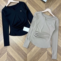 L新款2025秋季运动健身女士长袖T瑜伽跑步普拉提服褶皱收腰打底衫