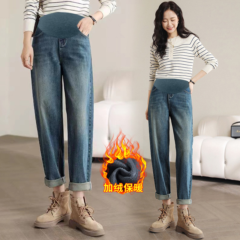 9398B/9398C# Maternity Jeans Winter Fleece Thick Adjustable Overalls Casual Dad Jeans