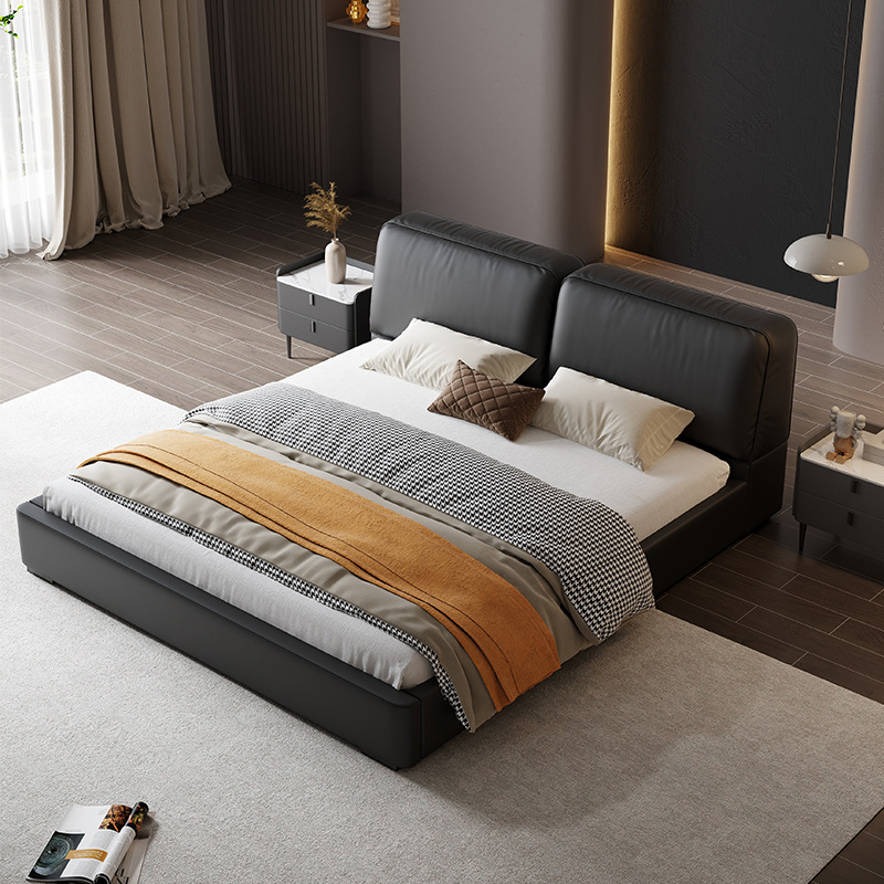 Imagen de verano cama de cuero genuino italiano minimalista gran vaca negra cuadrada cama doble 1,8 m Cama grande piso simple cama de boda negro