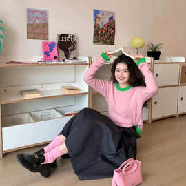 撞色圆领针织衫上衣女秋冬小香风短款甜美温柔风软糯粉色套头毛衣