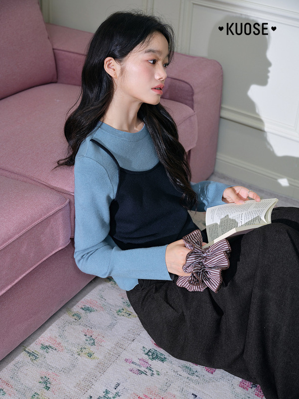阔色深棕色吊带拼接长袖针织衫女早秋季新款不规则设计感毛衣|undefined