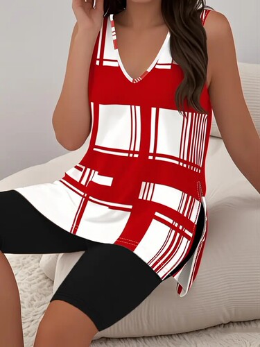 European and American temu women's sleeveless V-neck vest shorts set British style three-dimensional print