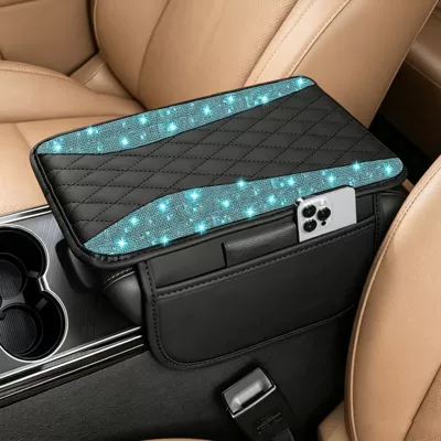 Armrest box pad: Console Cover, Leather Protective Mat - turquoise-angel-wings-rhinestones