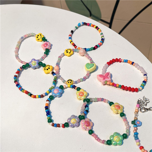 Korean version of the new dopamine color flower smiley face stone glass bracelet sweet and versatile ins style love bracelet