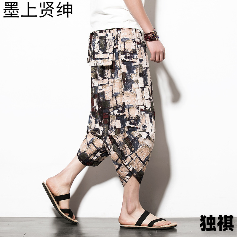 Verano japonés de talla grande para hombres pantalones cortos de lino impresos de estilo étnico estilo chino pantalones de bombachos de pierna ancha sueltos de talla grande