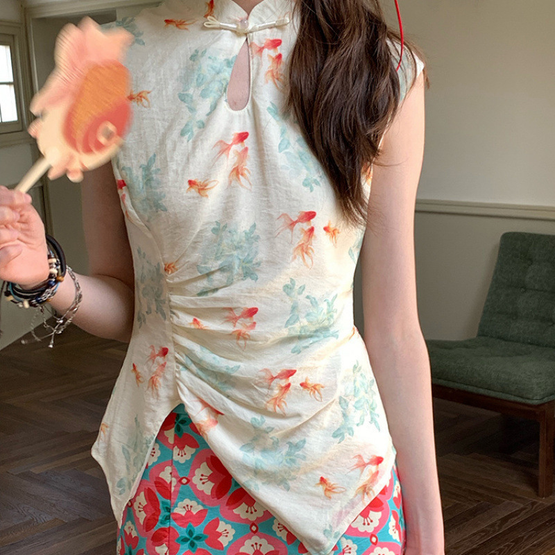 中国風の新しい中国風ニッチウェアスタンドカラーカarp魚スリムトップ女性の夏の通勤プリントスカートファッションスーツ|undefined